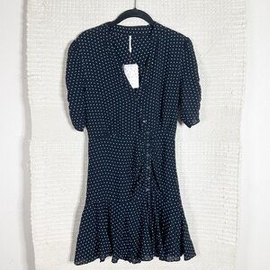 FREE PEOPLE black polka dot Pippa asymmetrical ruched mini shirtdress XS NEW